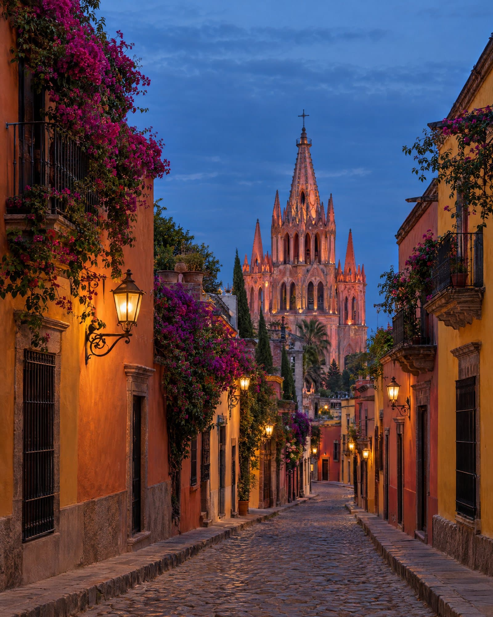 Calle empedrada de San Miguel de Allende con la Parroquia al fondo al anochecer