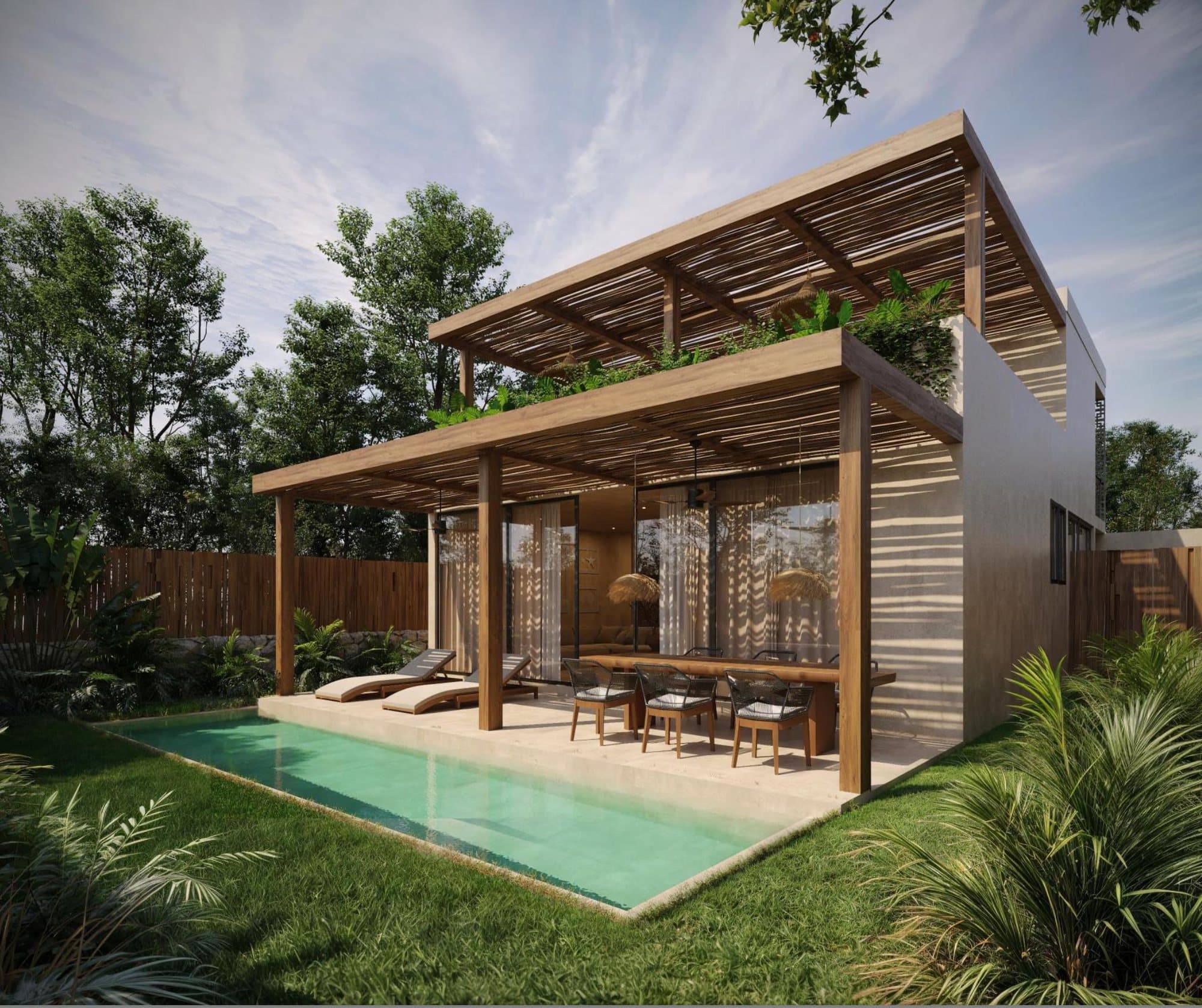 Render de villa EQUINOCCIO con pérgola, alberca y vegetación de selva