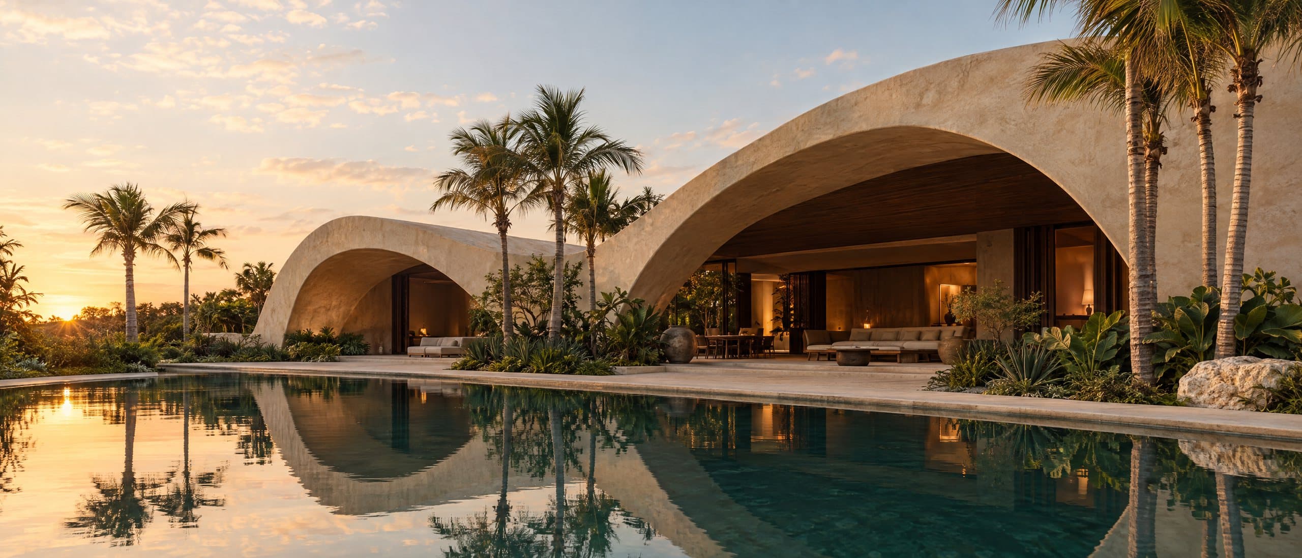 Residencia de arquitectura orgánica con muros curvos de chukum reflejados en un espejo de agua al atardecer