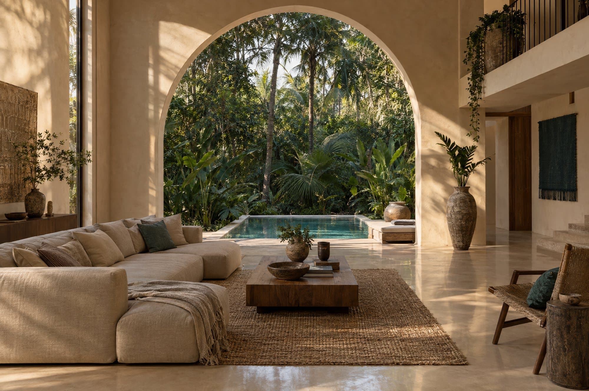 Sala de doble altura con un gran arco abierto hacia la selva y una alberca privada
